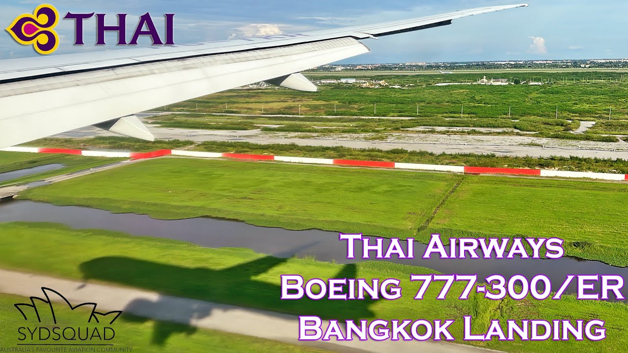 Thai Boeing 777-300/ER WING VIEW Landing RWY01L Bangkok Suvarnabhumi Airport Thailand TG476!