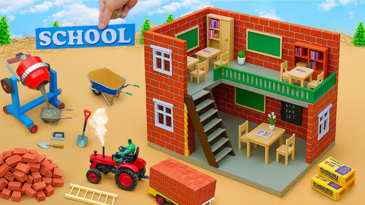 DIY Mini Tractor Builds Brick School With 2 Storeys and Roof | Fun Construction Science Project