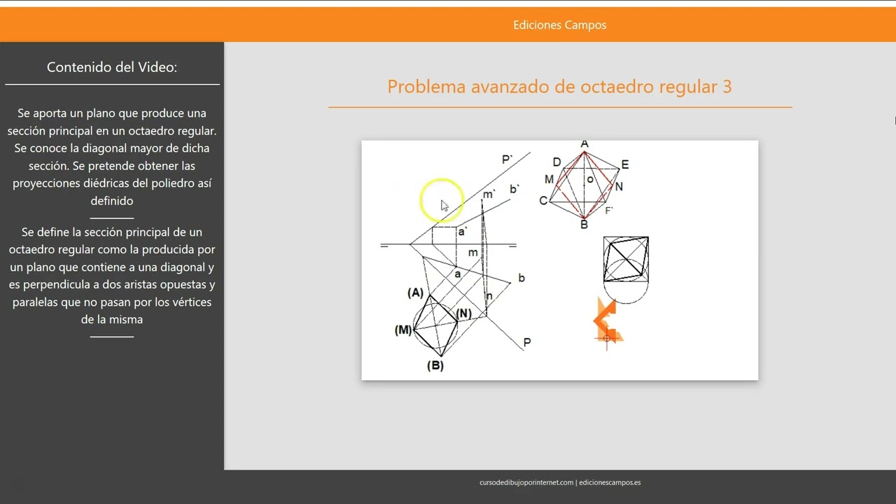 Problema avanzado de octaedro regular con una sección principal situada en un plano oblicuo.