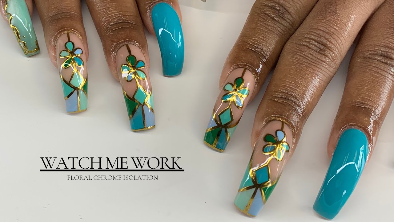 Spring Nail Art 2026 🌿 Teal Curve Nails + Gold Chrome Flowers (FULL FILL IN PROCESS) 🩵✨