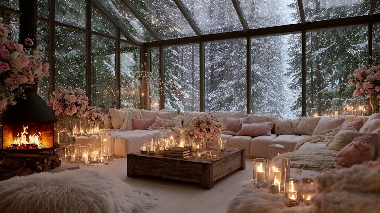 Cozy Winter Living Room with Snowy Forest View & Relaxing Wind and Fireplace Crackling Sounds