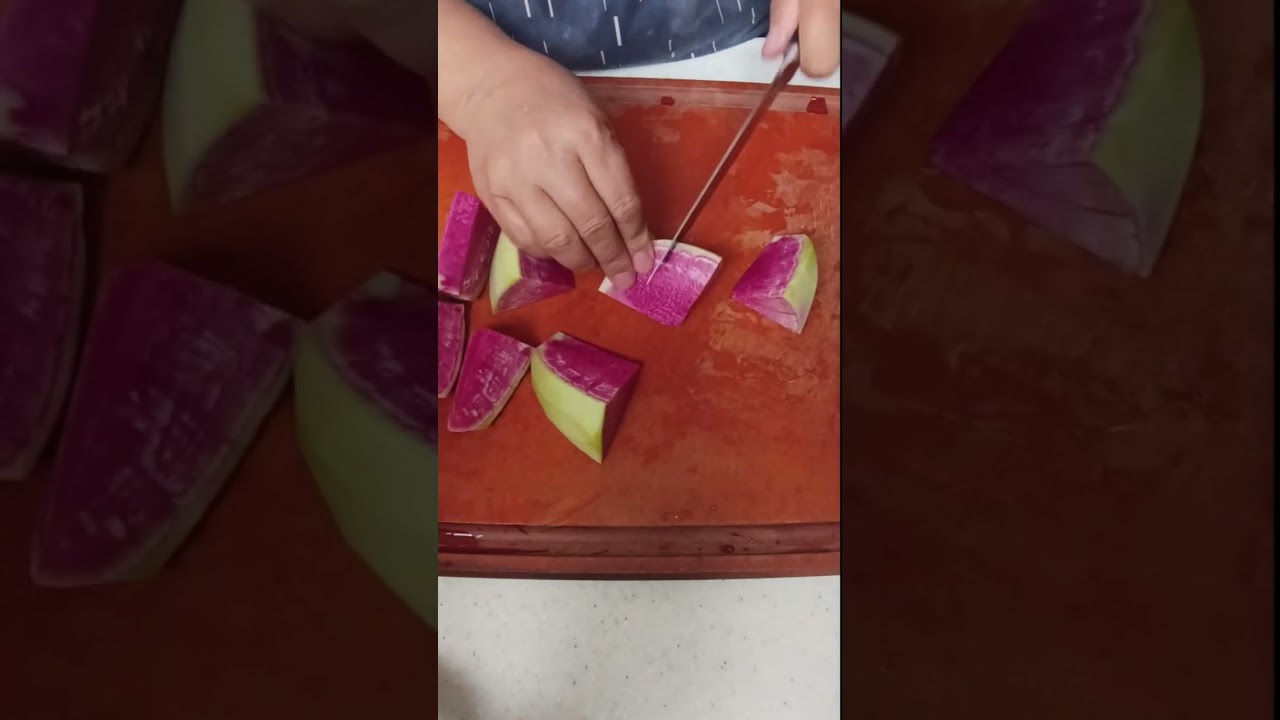 cutting pink and green turnip