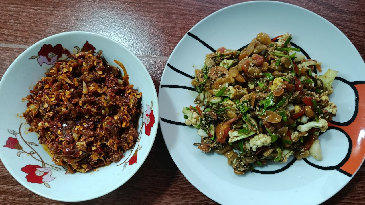 စျေးဖိုးသက်သာတဲ့ ပုဇွန်‌ခြောက် နဲ့မရမ်းသီးငရုတ်သီးကြော် လက်ဖက်နှပ်အစုံသုပ်