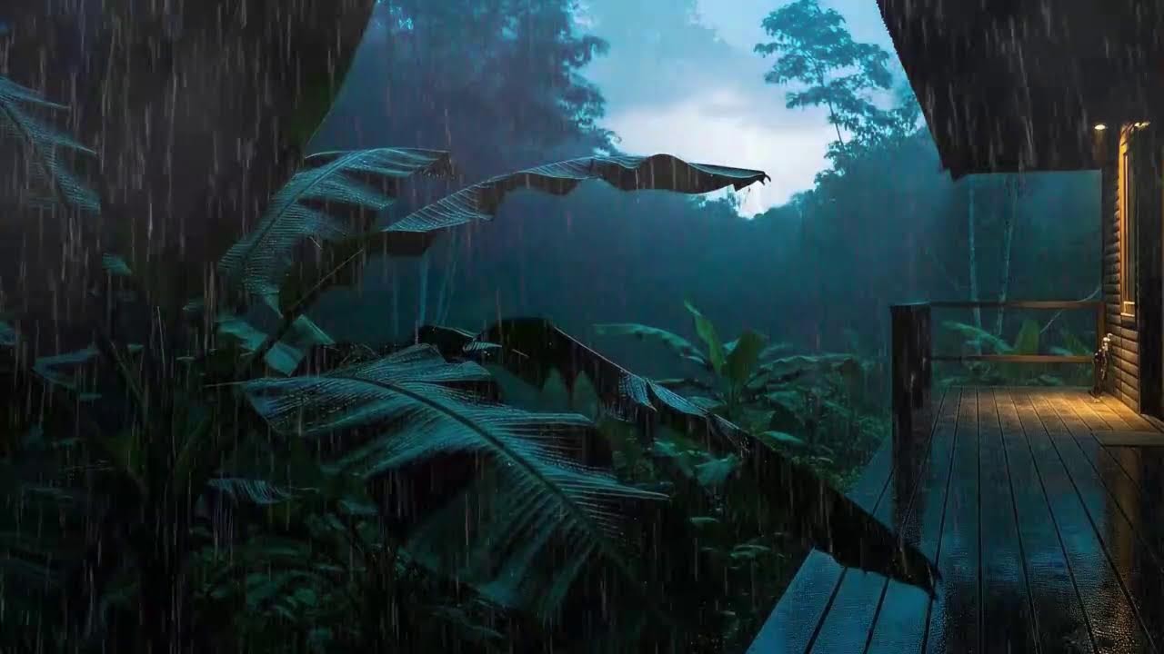 Instant Sleep with Calm Rain and Rolling Thunder Murmur at Forest Cabin Terrace 🌧️