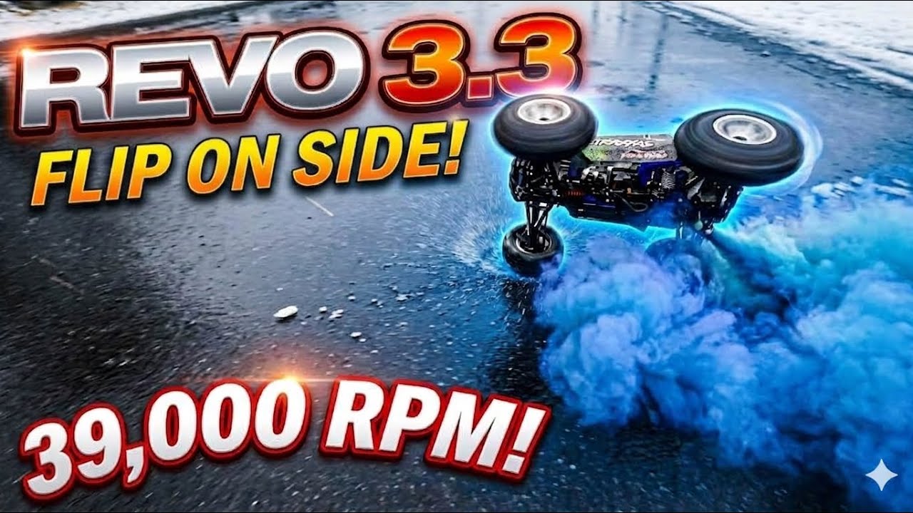 Модель Traxxas REVO 3.3 High RPM перевернулась в снегу.