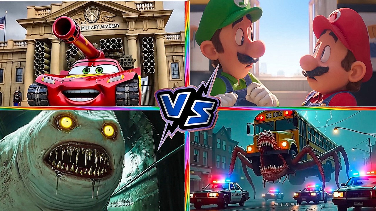 McQueen TANK VS Head Eater  VS Super MARIO VS School Bus Monster Tiles Hop EDM Rush 18
