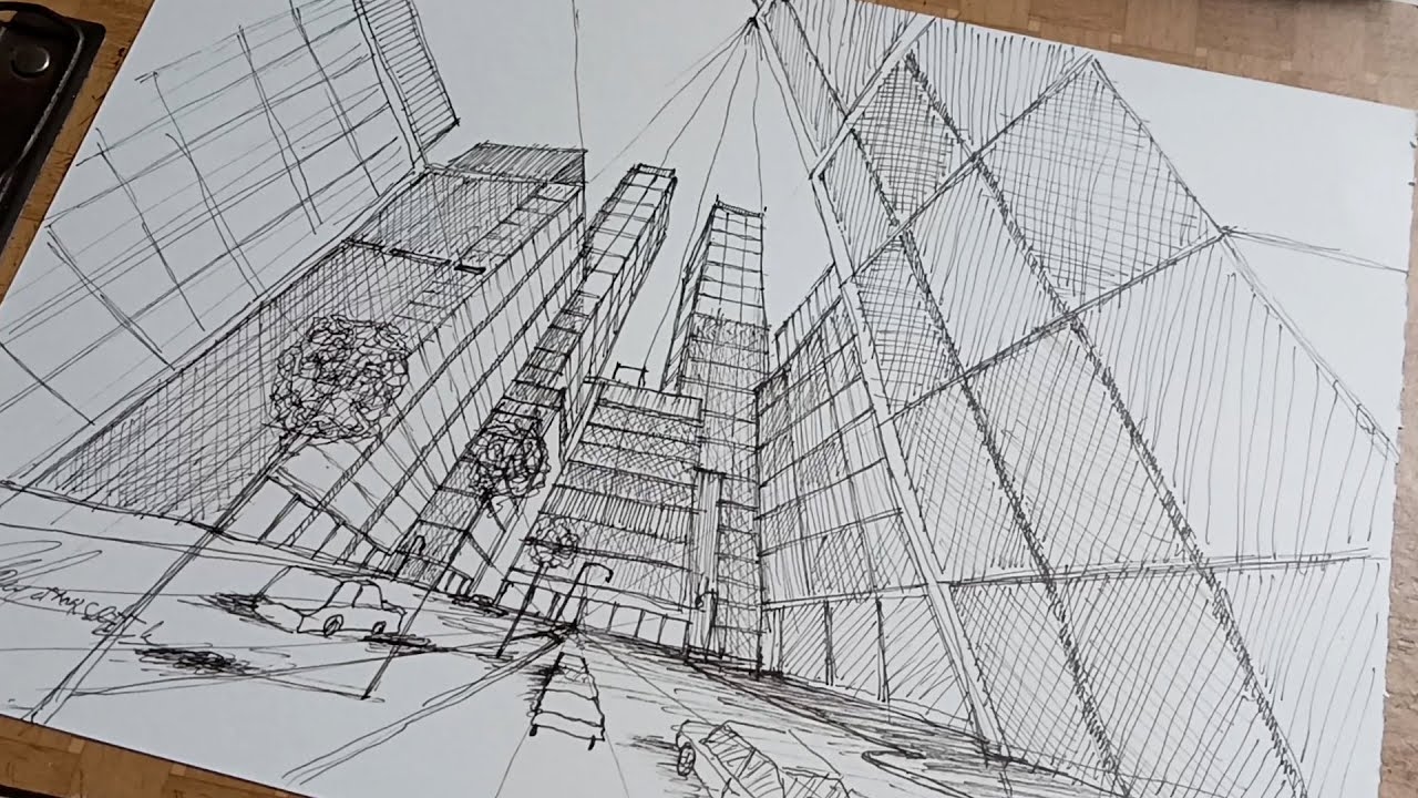 Gambar Perspektif 3 titik Hilang I Freehand