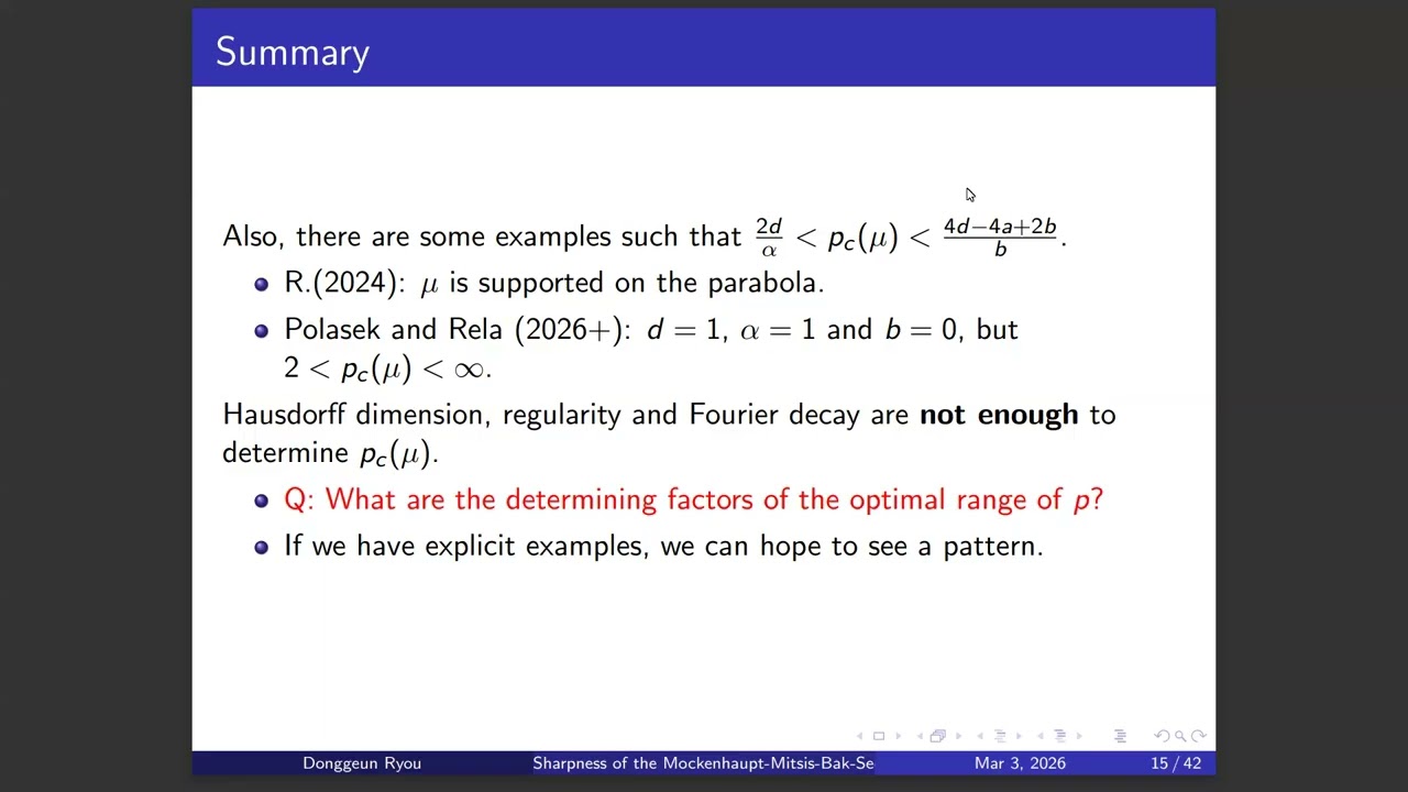Donggeun Ryou (Indiana U.) - Sharpness of the Mockenhaupt-Mitsis-Bak-Seeger Fourier restriction...