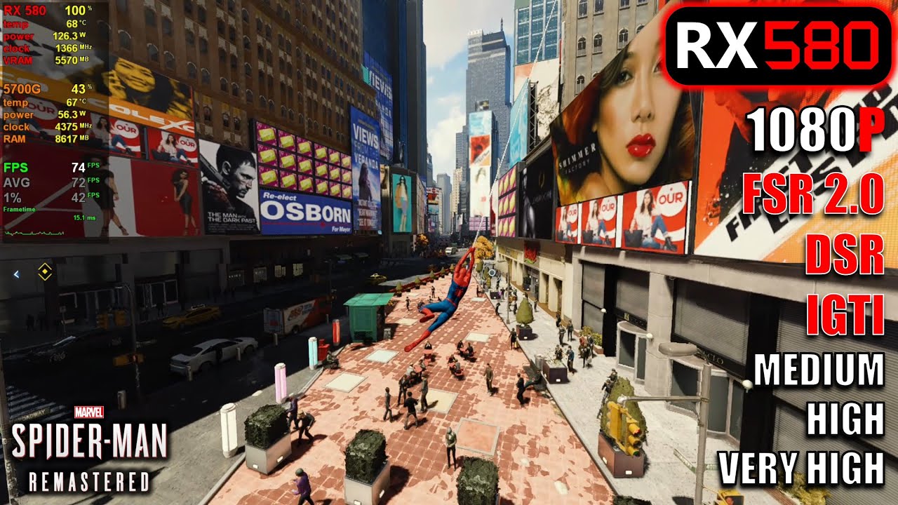 RX 580 | Marvel’s Spider-Man Remastered - Medium, High, Very High - 1080p - FSR 2.0, IGTI, DRS