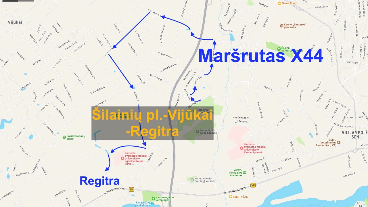 Maršrutas X44 Šilainių pl.-Vijūkai-Regitra.