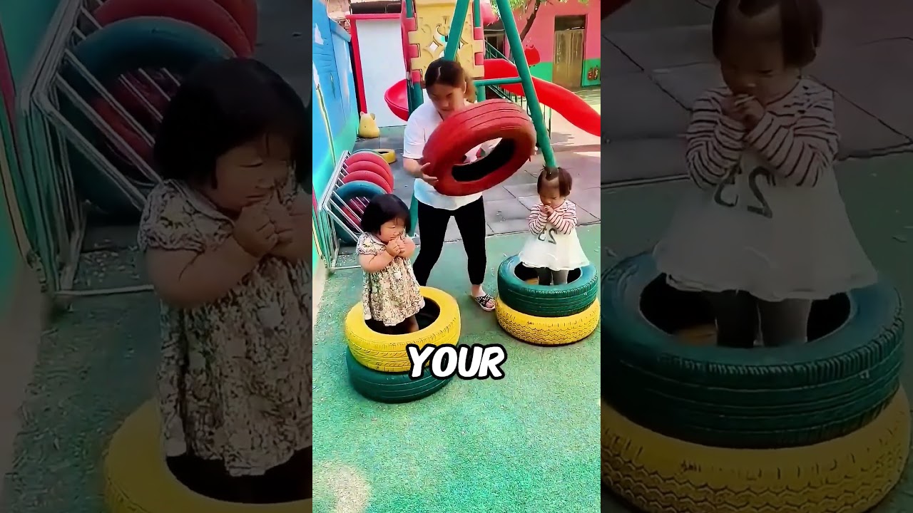 The mother and her two daughters were playing a tire game