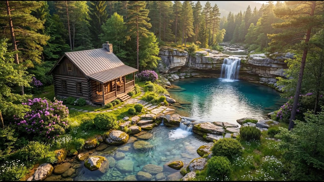 Waterfall Cabin in the Pines | Peaceful Nature Ambience for Sleep and Focus