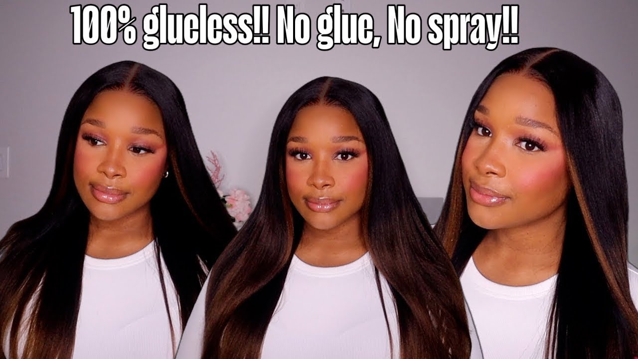 Light Yaki Straight Glueless Wigs Human Hair Pre Plucked Pre Cut Black to Chestnut Brown wIG