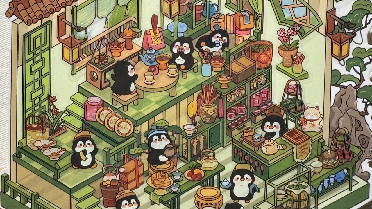 【ASMR】DIY Green Two-Story Penguin Tea House in Chinatown 🐧🍵 | No Talking Sticker Scene