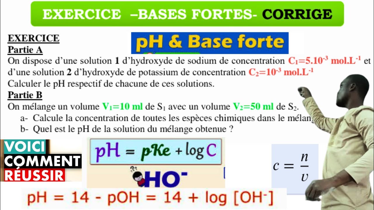 Base Forte#équation#Concentration volumique#pH=14+log[HO-]#pH mélange