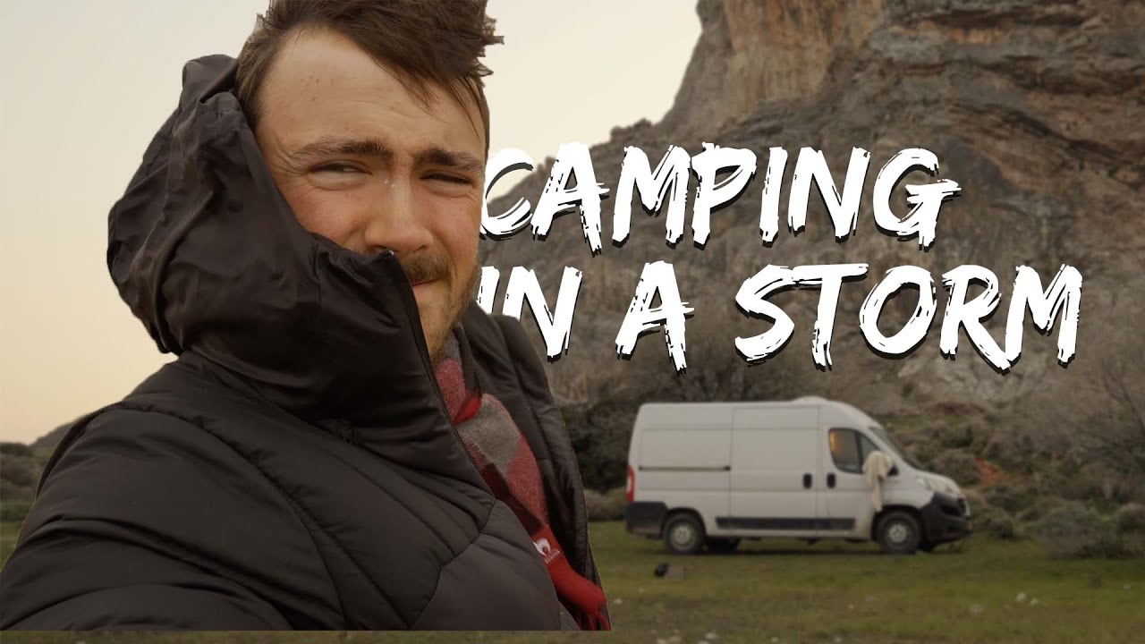 Wild camping in a coastal Storm - Van Life Greece