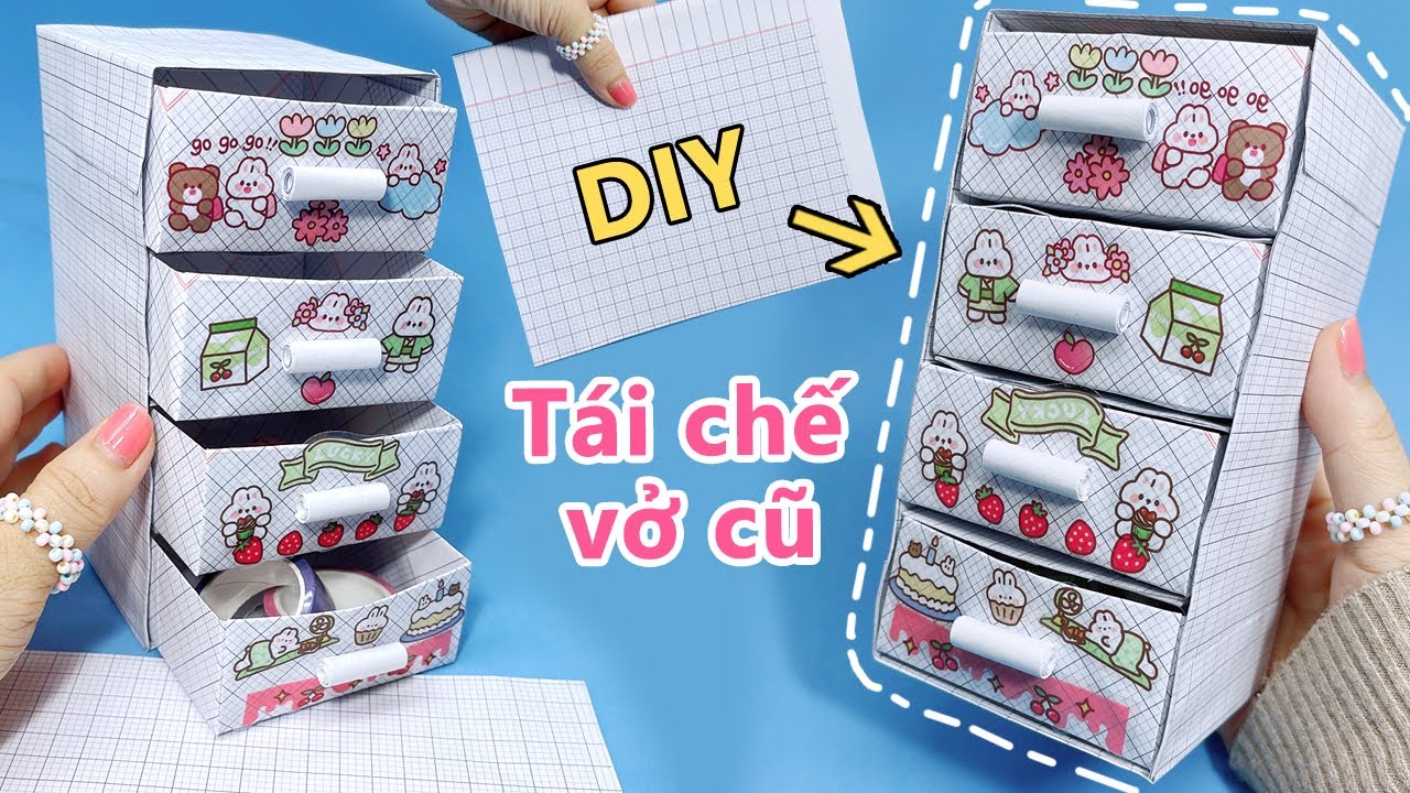 [Tái chế vở cũ] Làm tủ 4 tầng decor bàn bằng giấy học sinh/ DIY craft | Liam Channel