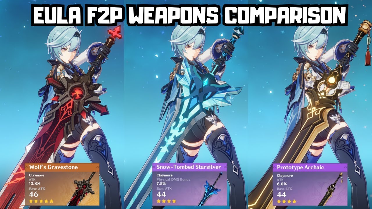 Eula best F2P WEAPONS. Wolf's Gravestone, Snow-Tombed Starsilver and Prototype Archaic.