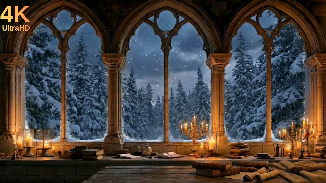 Dark Academia Medieval Window: Piano & Violin Music with Snowing Ambiance [Study & Sleep]