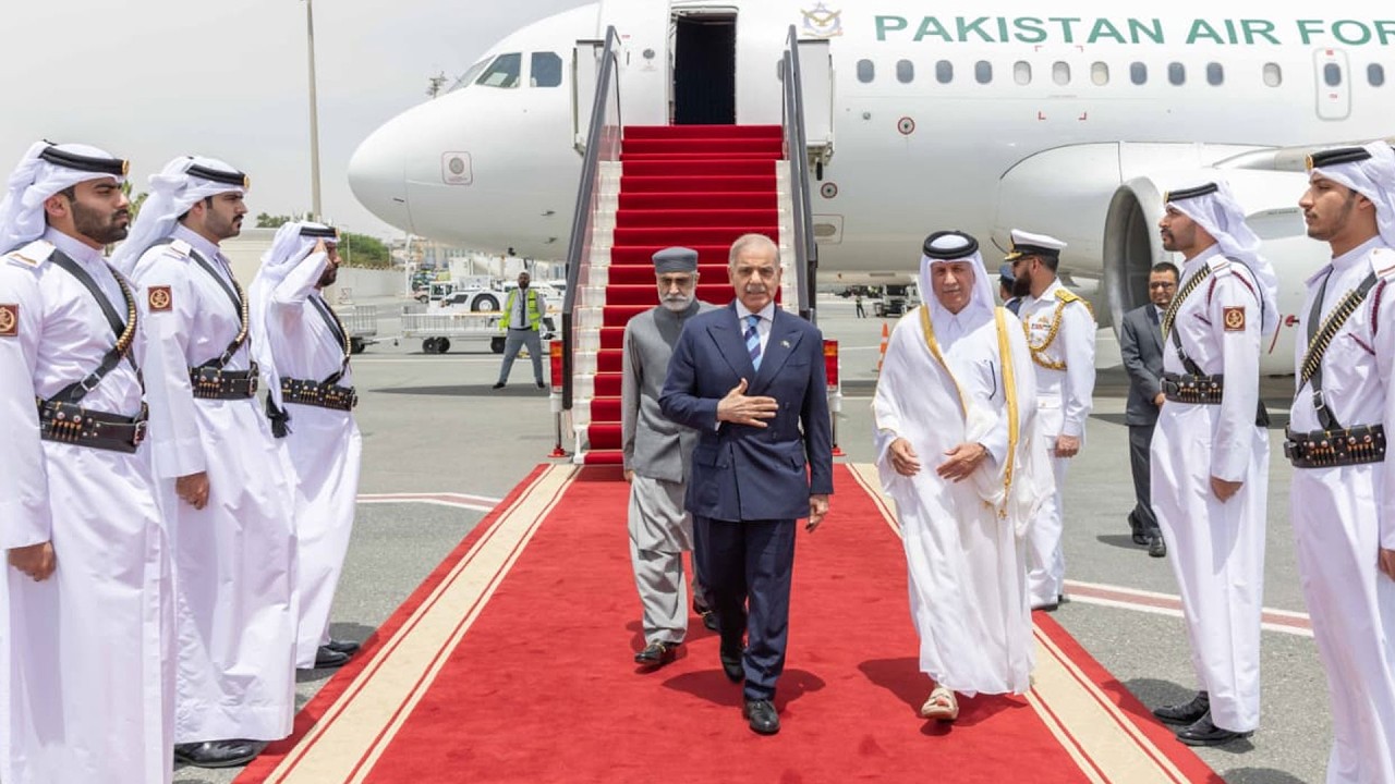 Prime Minister Shehbaz Sharif arrives in Doha on his visit to Qatar