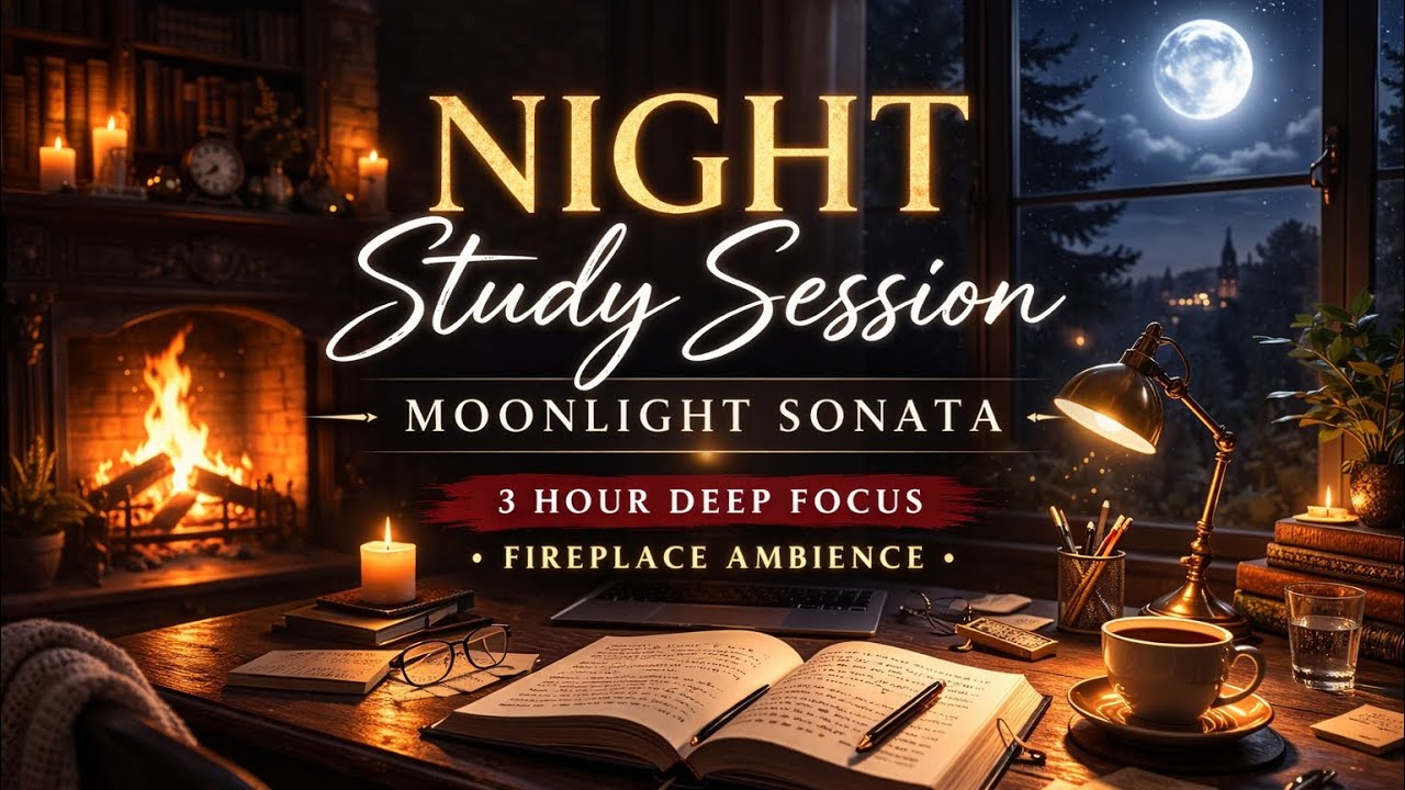 3 Hour Night Study Session 🌙 Moonlight Sonata Loop | Deep Focus & Cozy Fireplace Ambience