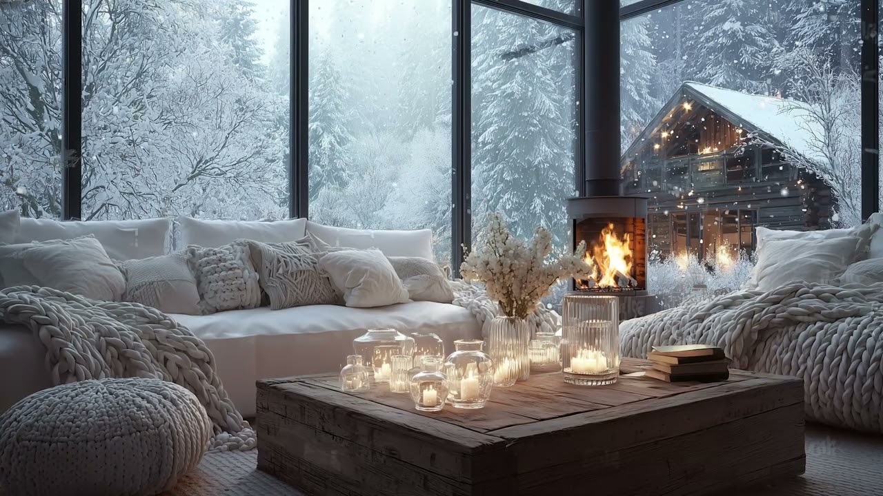 ❄️ Cozy Winter Piano Lounge | White Room Warm Fire & Snow Outside 🎹 3 Hours | Calm Relax Study Focus