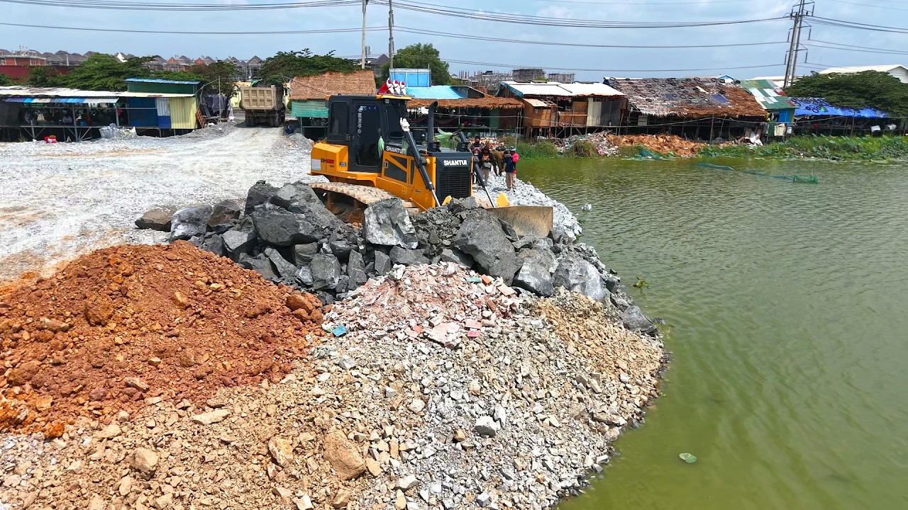 Incredible SHANTUI Bulldozer Pushing Stone Into Water With 10 Wheel Dump Trucks Transport Stone