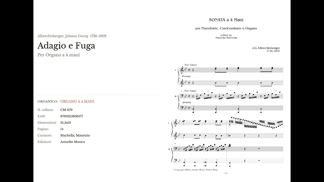 J.G. Albrechtsberger: Adagio e Fuga in B flat Major for Organ 4 hands edited by Maurizio Machella