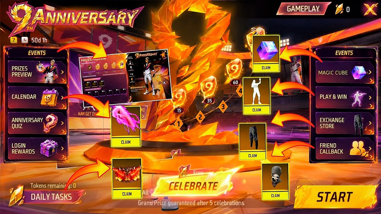 How To Complete 9th Anniversary | Free Rewards | Kaise Milega Ob54 NEW Update Event Free Fire FF max