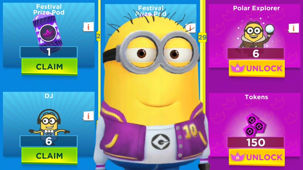 Minion Rush Festival Rewards Claim DJ and Polar Explorer Costumes Prize Pods opening in minions game