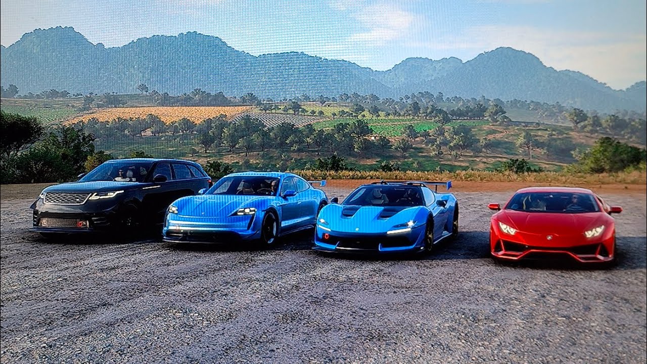 FH5 drag race: Lamborghini Huracan EVO Vs Ferrari J50 Vs Porsche Taycan Turbo S Vs Land Rover Velar