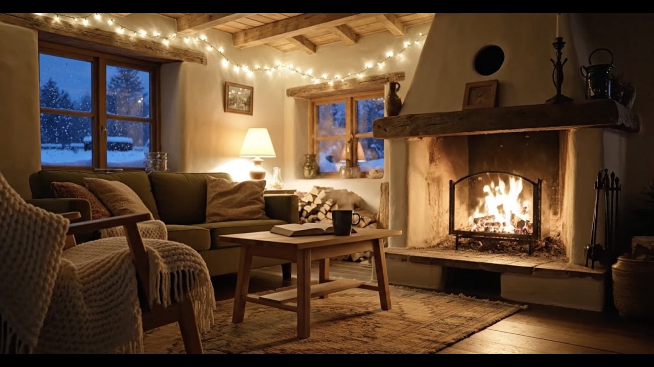 Cozy Cottage Fireplace at Night 🔥 Soft Jazz Piano & Winter Snow Ambience