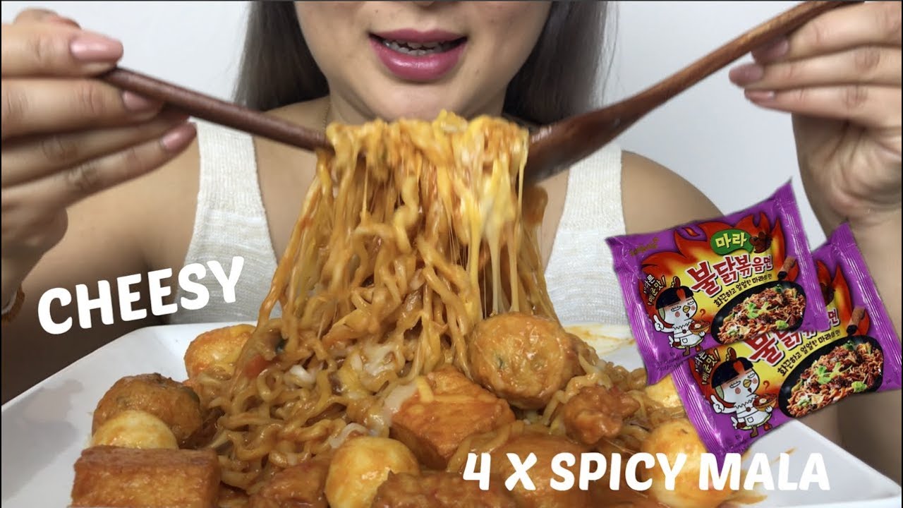 ASMR | 4x Spicy CHEESY MALA RAMEN *COOKING | EATING SOUNDS | N.E LETS EAT