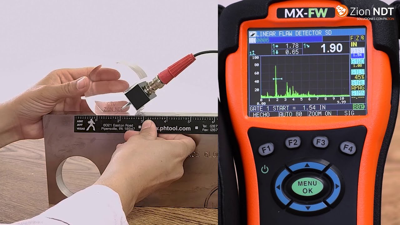 Calibración de Transductor de Haz Angular con Bloque IIW usando el Detector de Fallas MX-FW