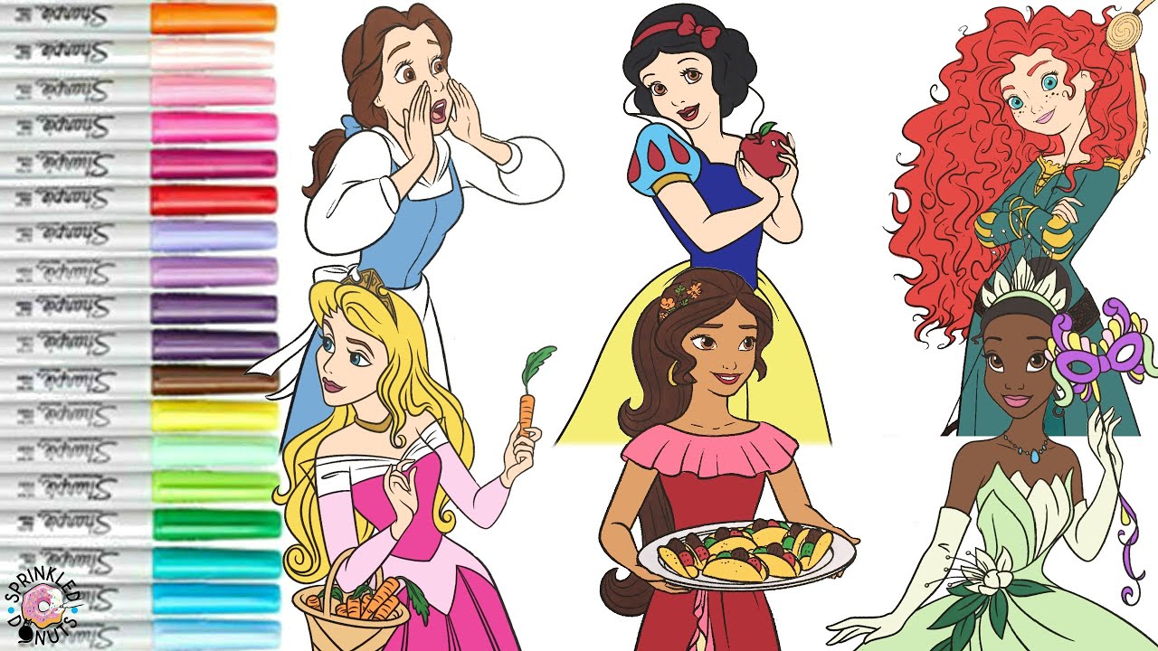 Disney Princess Coloring Book Compilation Elena Belle Aurora Tiana Merida and Snow White