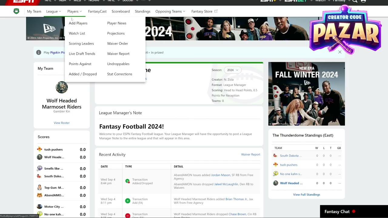 Как добавить игрока в список наблюдения на ESPN Fantasy Football
