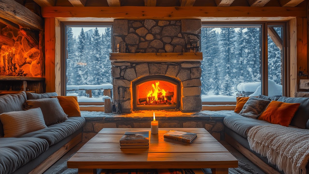 Relaxing Winter Jazz Music — Snowy Mountain Cabin & Calm Fireplace for Focus and Study ❄️🔥