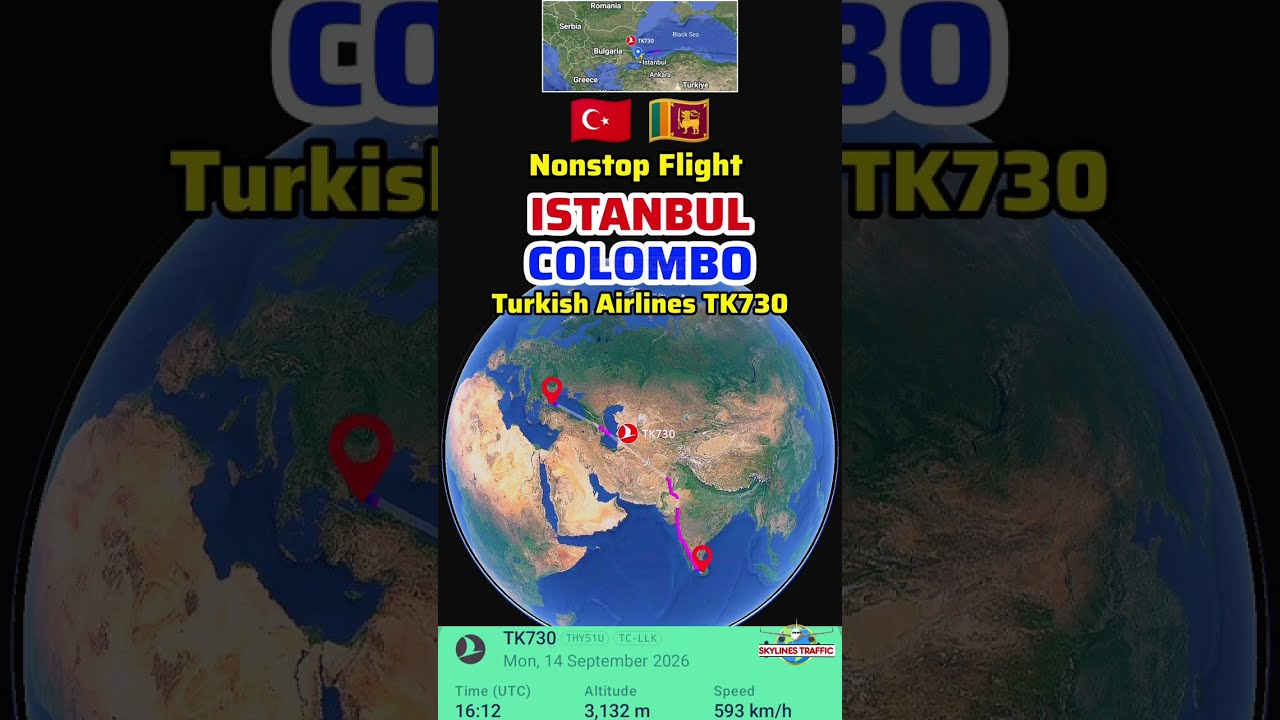 Istanbul to Colombo Flight Route with Turkish Airlines TK730
