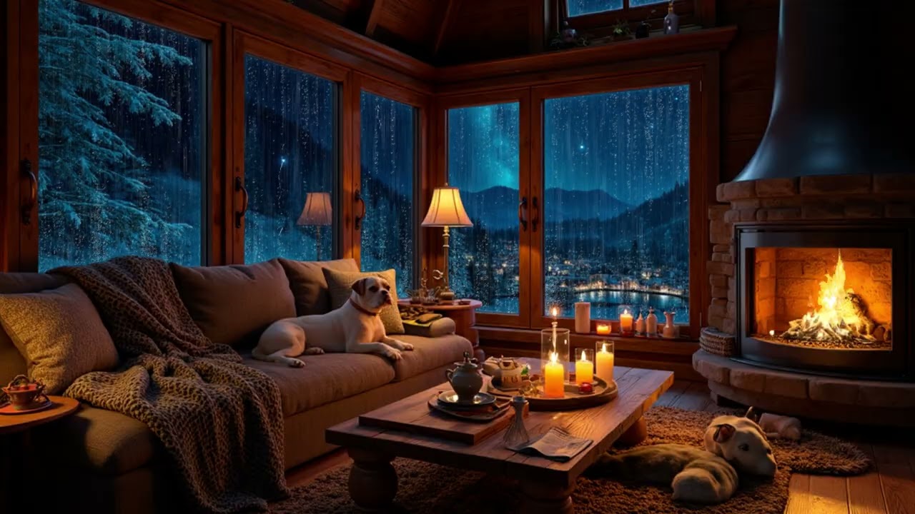 Midnight Rain Beyond the Glass Cabin | Firelight & Quiet Mountain Sleep Ambience