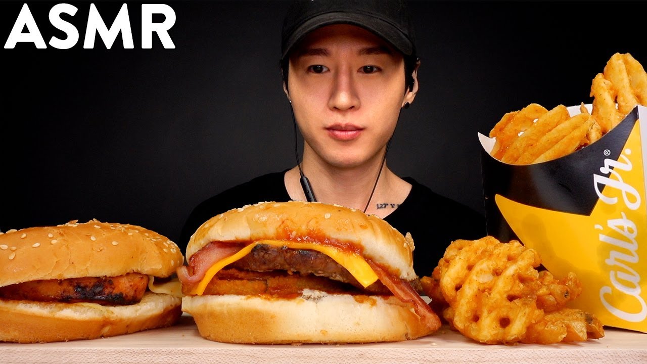 ASMR Carl's Jr Western Bacon & Jalapeno Burger + Waffle Fries Mukbang (No Talking) EATING SOUNDS