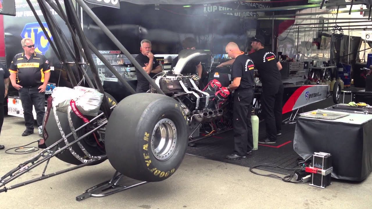 Top Fuel Dragster start up in pits at Sydney Dragway