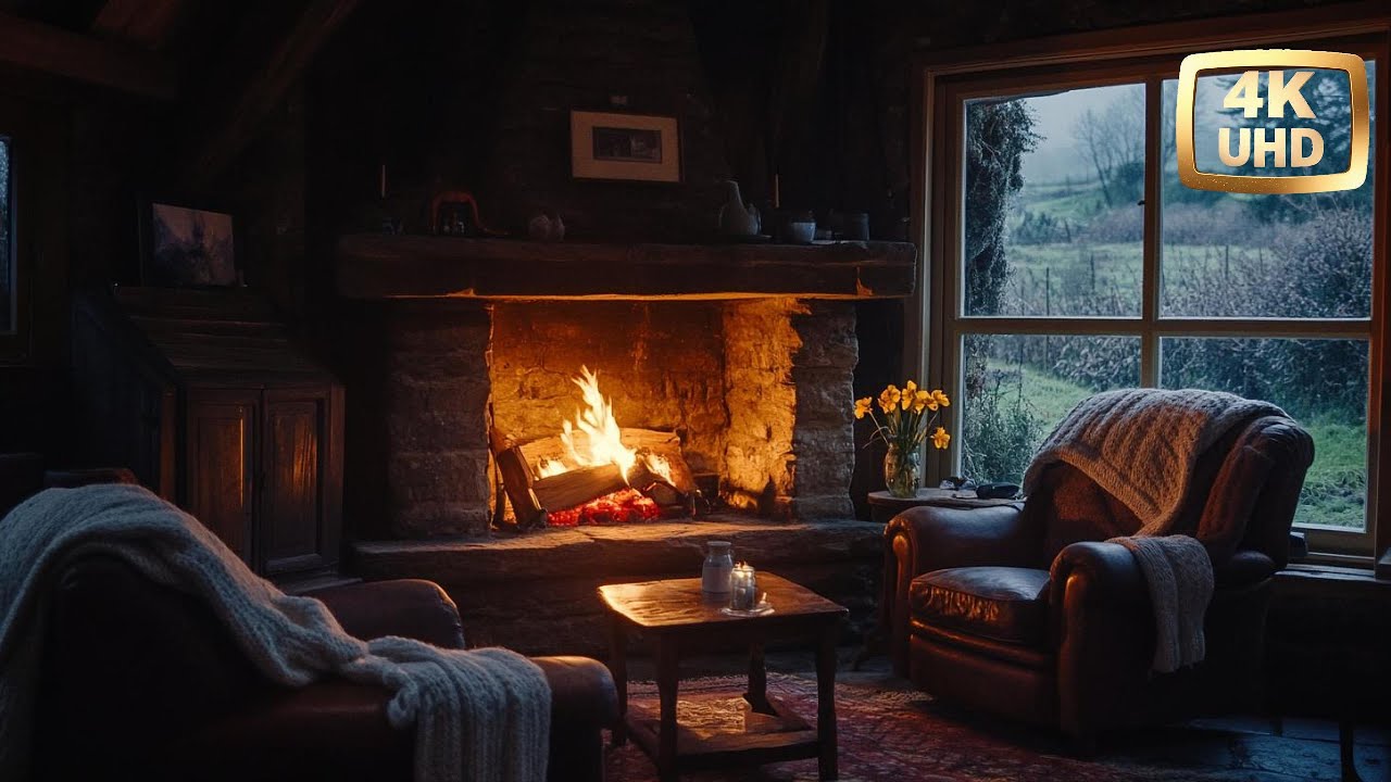 [4K ASMR] Spring Cottage Fireplace with Violin & Cello Music | Rain Sounds for Sleep & Study | 2025