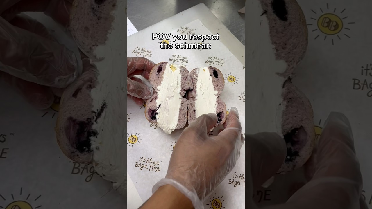 respect the schmear 🫡🥯 how do you like your cream cheese on a bagel? #foodshorts #bagels