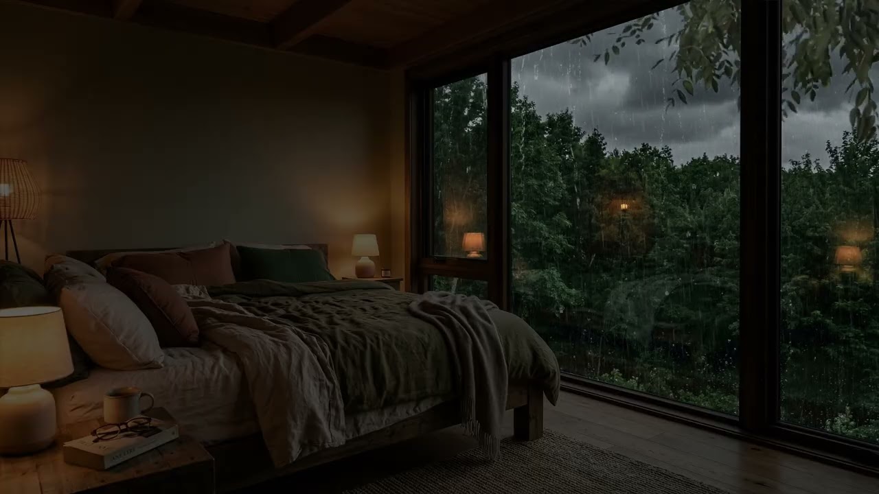 Gentle Forest Rain 🌧️ Drifting Past A Cozy Bedroom Window While Tall Pines 🌲 Fade Into Mist