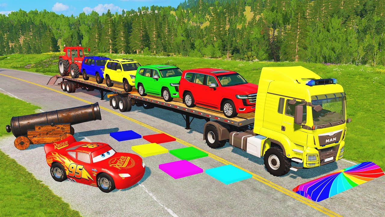 Flatbed Truck McQueen | Transportation with Truck - Pothole vs Car #35 | BeamNG.Drive Gameplay