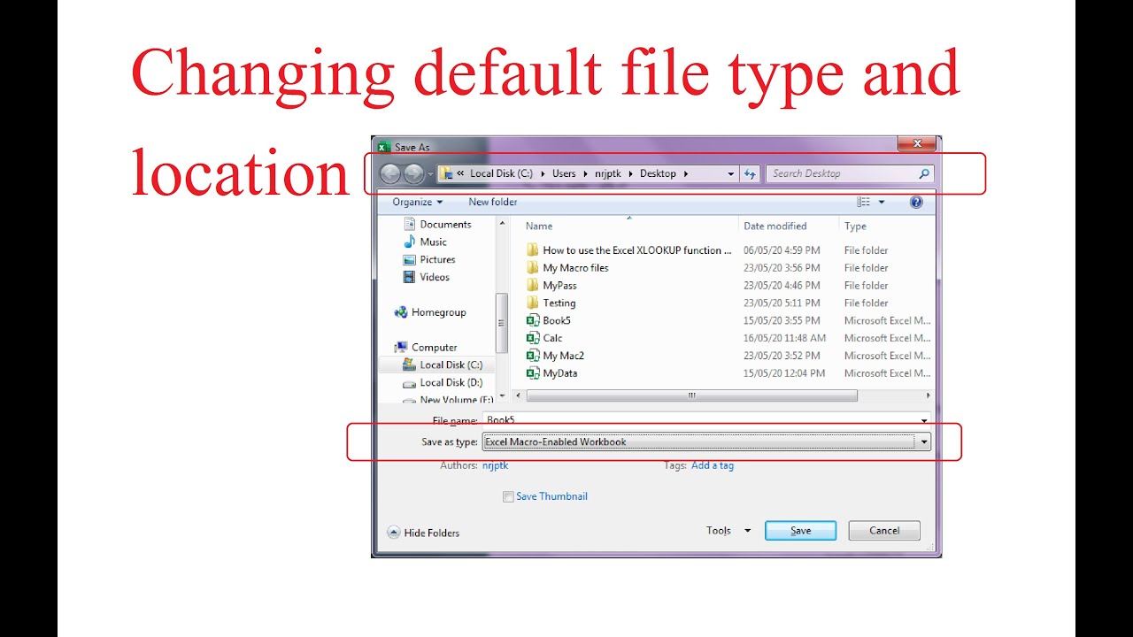 Changing default file type and file location | Excel