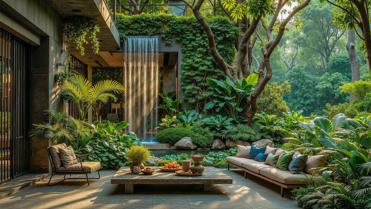 Quiet Coffee Jazz in a Forest Waterfall Courtyard 🌿 Smooth Jazz for Focus and Relaxation