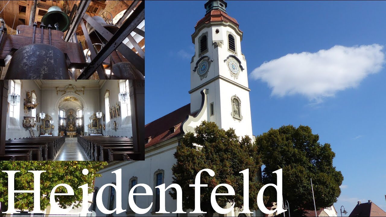 Heidenfeld (SW) Die vier Glocken der Pfarr und Wallfahrtskirche Sankt Laurentius (Turmaufnahme)