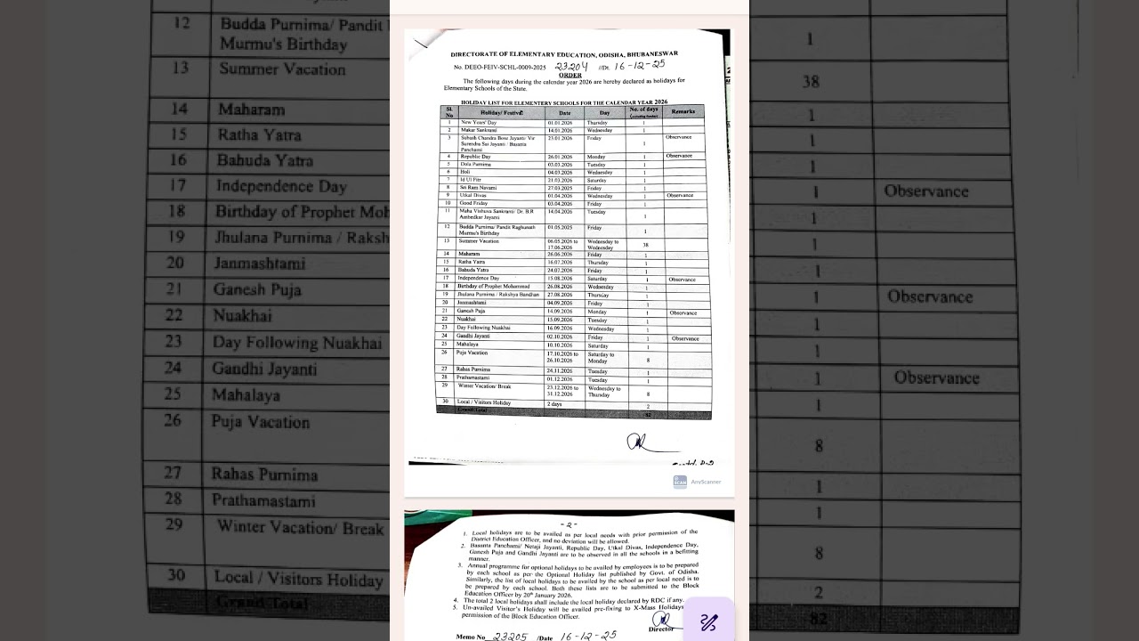 ELEMENTARY HOLIDAY LIST 2026# DIRECTORATE OF ELEMENTARY EDUCATION ODISHA HOLIDAY LIST 2026# HOLIDAY