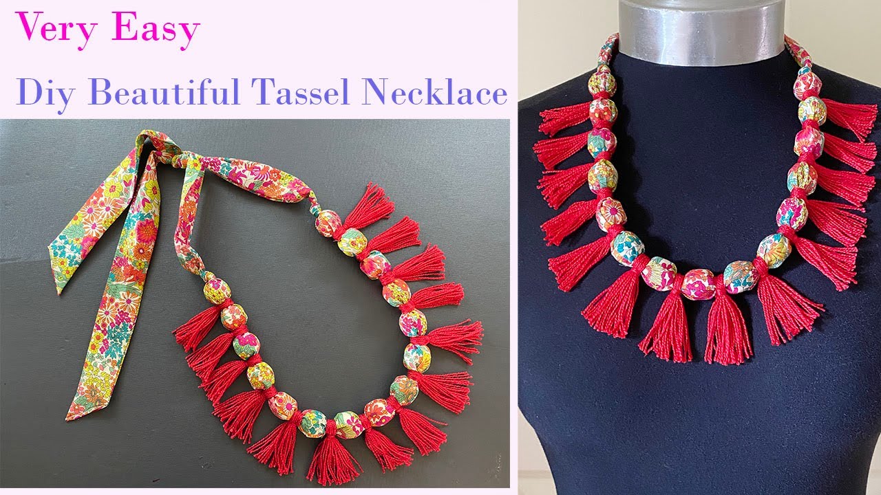 Diy Beautiful Liberty Fabric Beads & Tassel Long necklace | How to make a Tassel | Collar de tela